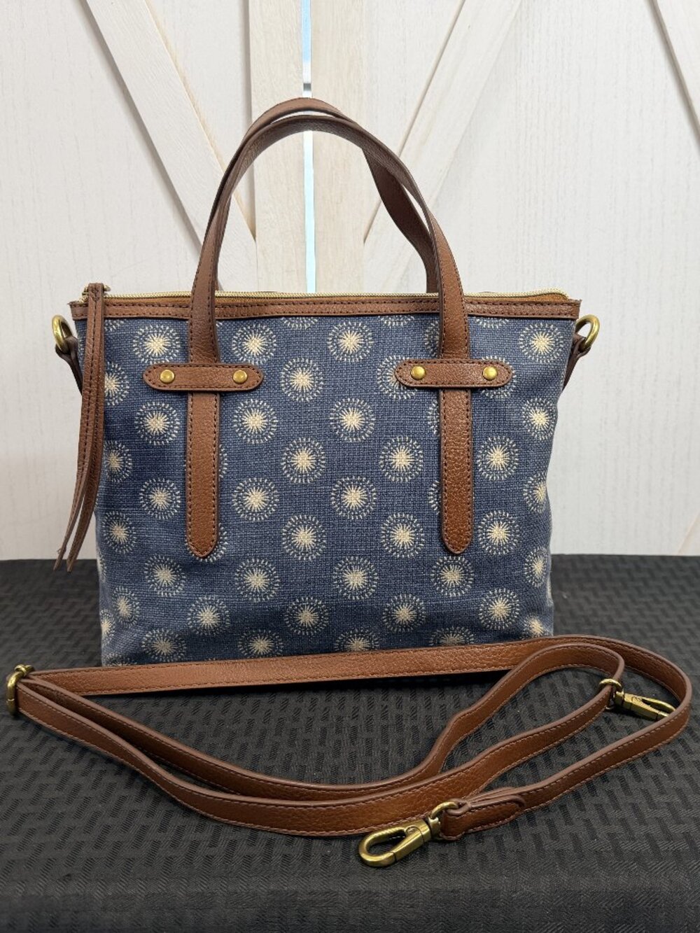 Fossil Blue Starburst Canvas Satchel Crossbody Bag